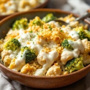 a brown pottery bowl filled with chicken broccoli casserole topped with crispy golden breadcrumbs