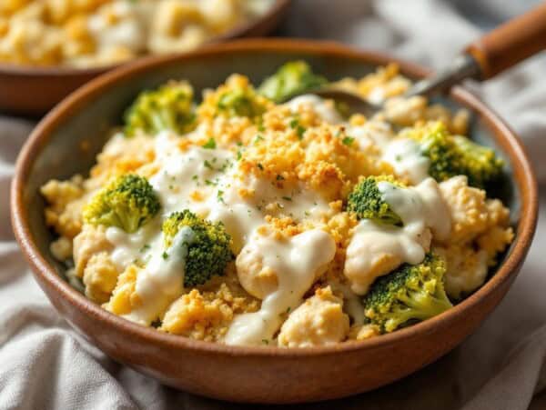 a brown pottery bowl filled with chicken broccoli casserole topped with crispy golden breadcrumbs