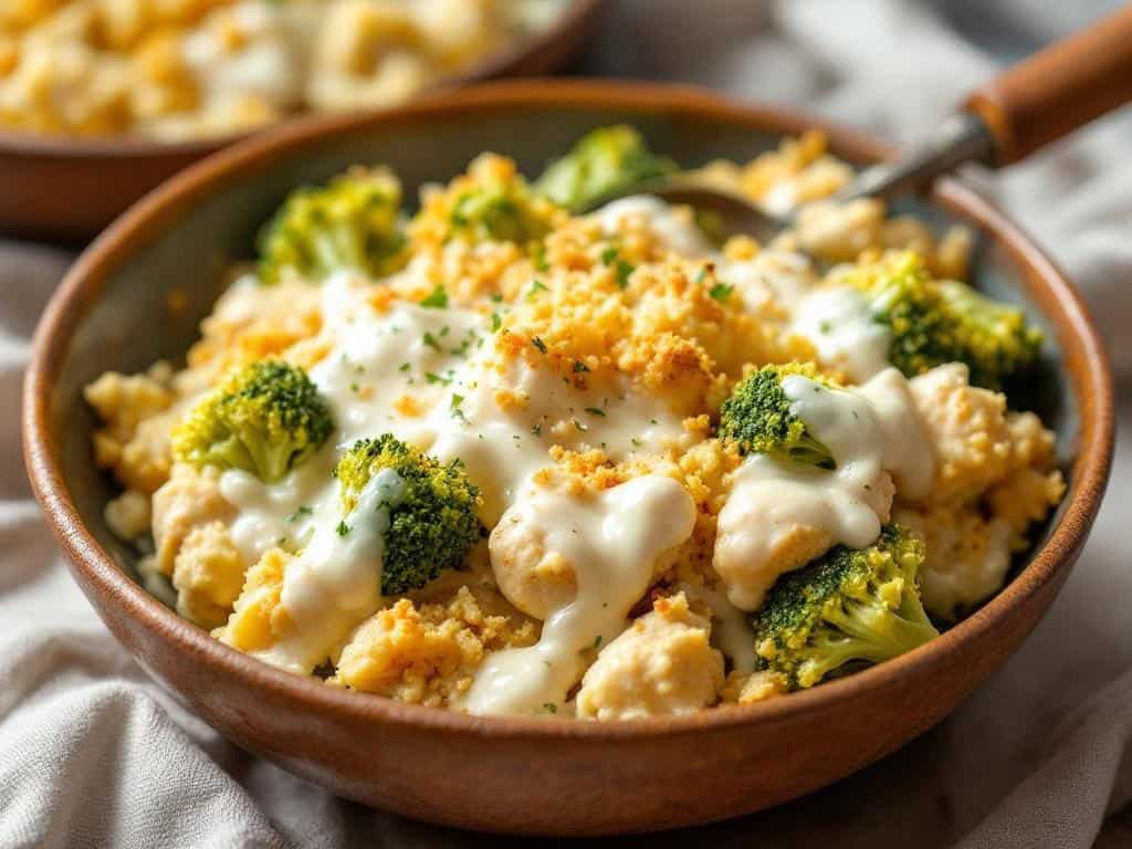 A brown pottery bowl filled with Chicken Broccoli Casserole topped with crispy golden breadcrumbs.