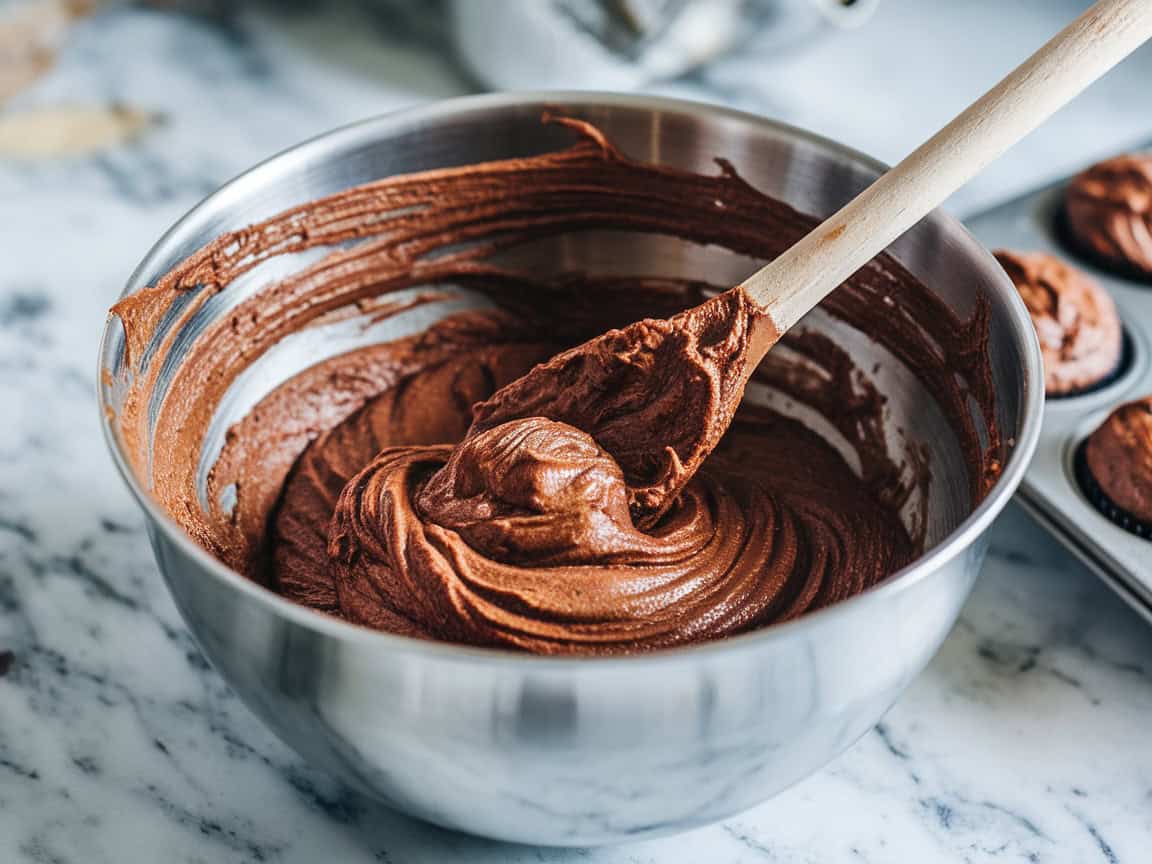 a mixing bowl and wooden spoon with chocolate banana muffin batter
