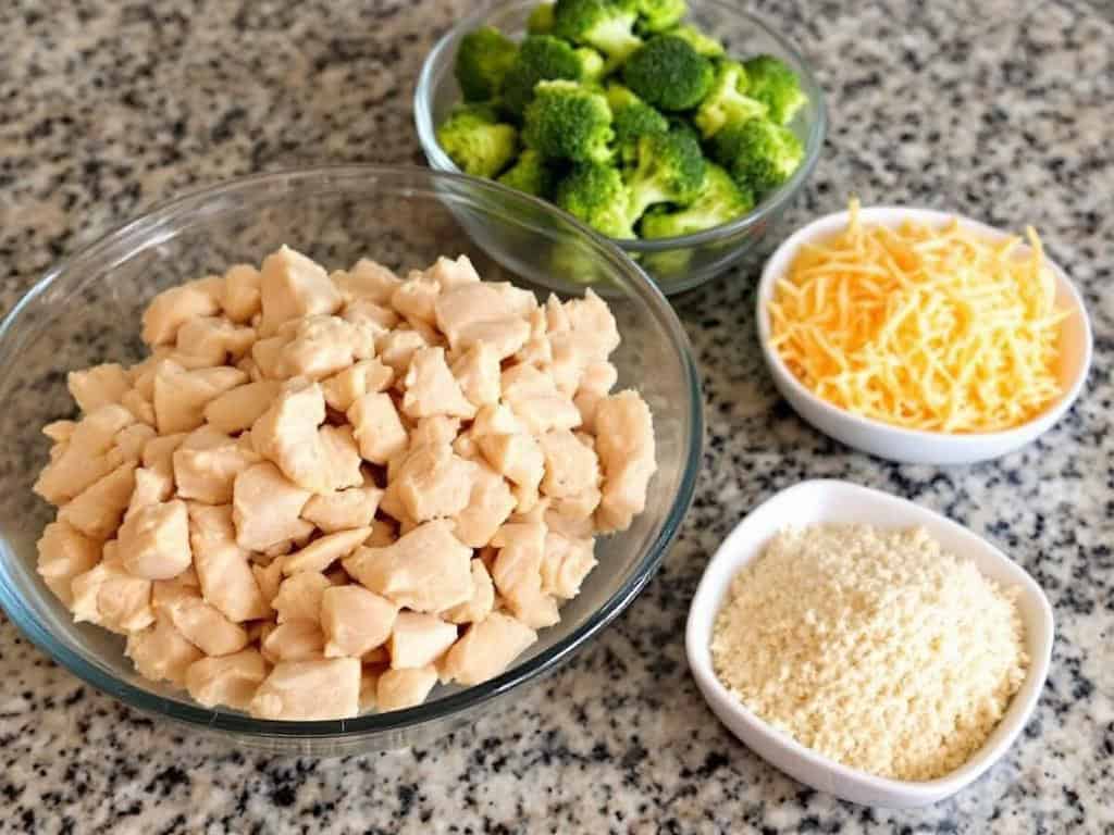 Bowls of broccoli florets, chopped cooked chicken, shredded cheese and breadcrumbs on granite kitchen counter.