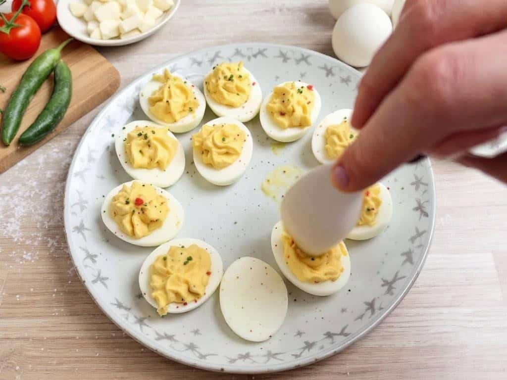 making deviled eggs shot from above