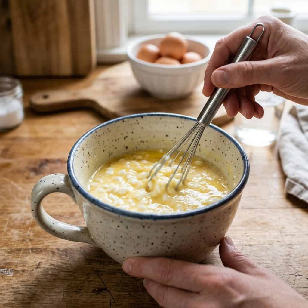 mixing cottage cheese and eggs in a large pottery mug