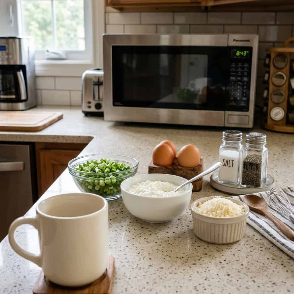 microwave mug frittata ingredients on counter with mug in foreground and microwave in background