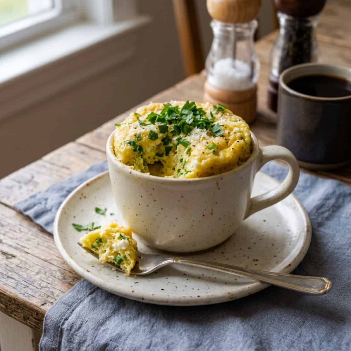 Microwave Mug Frittata in a mug on a small plate with a fork and mug of black coffee behind.