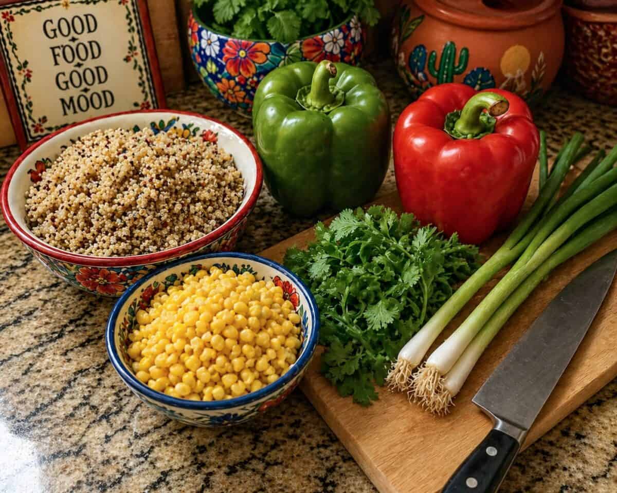Ingredients including a bowl of cooked quinoa, corn, medium green bell pepper, medium red bell pepper, fresh cilantro and green onions on wood cutting board with chef knife.