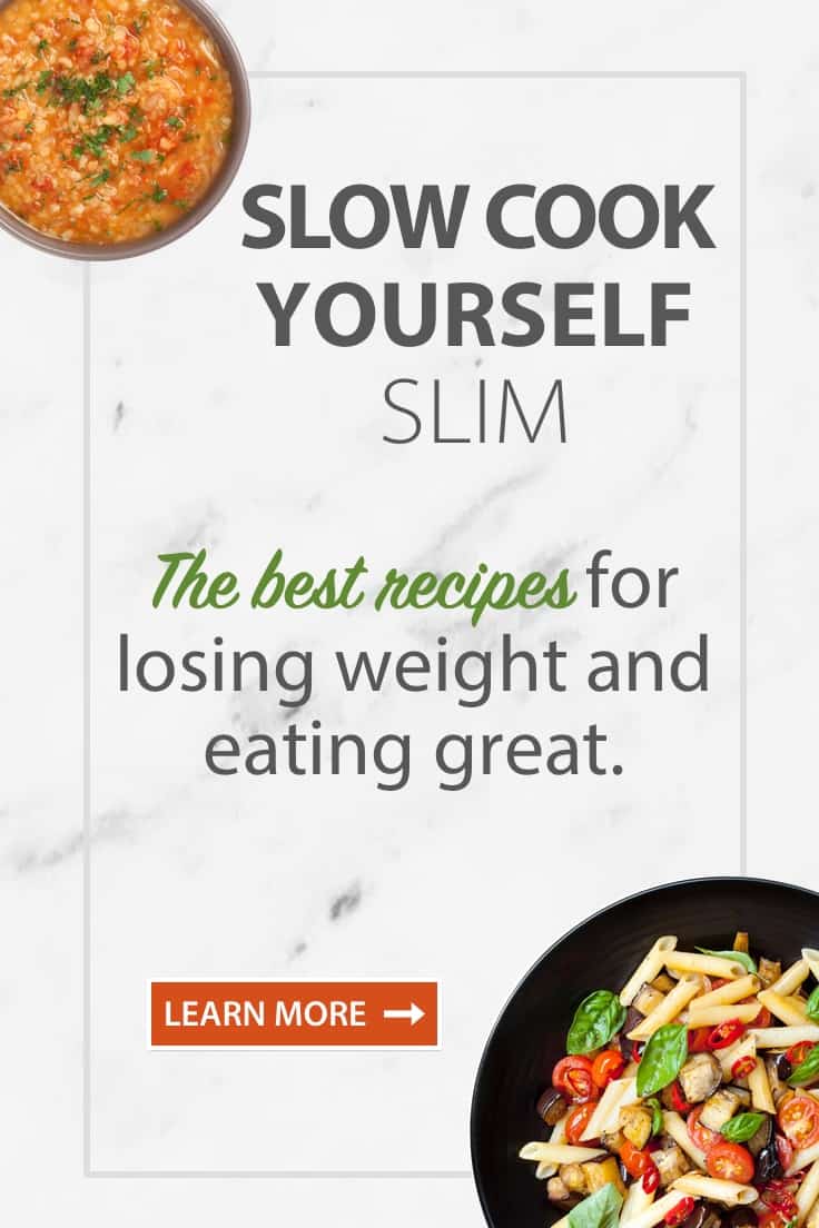 A bowl of soup in the top left and healthy pasta in the lower right with the words Slow Cook Yourself Slim - The best recipes for losing weight and eating great on a white marble background