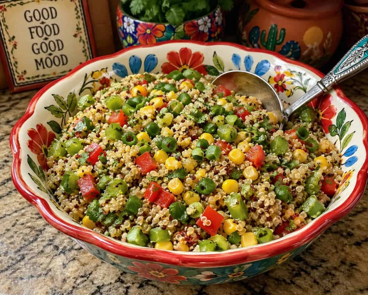 Stoplight Quinoa Salad in hand-painted pottery bowl with serving spoon on granite counter.