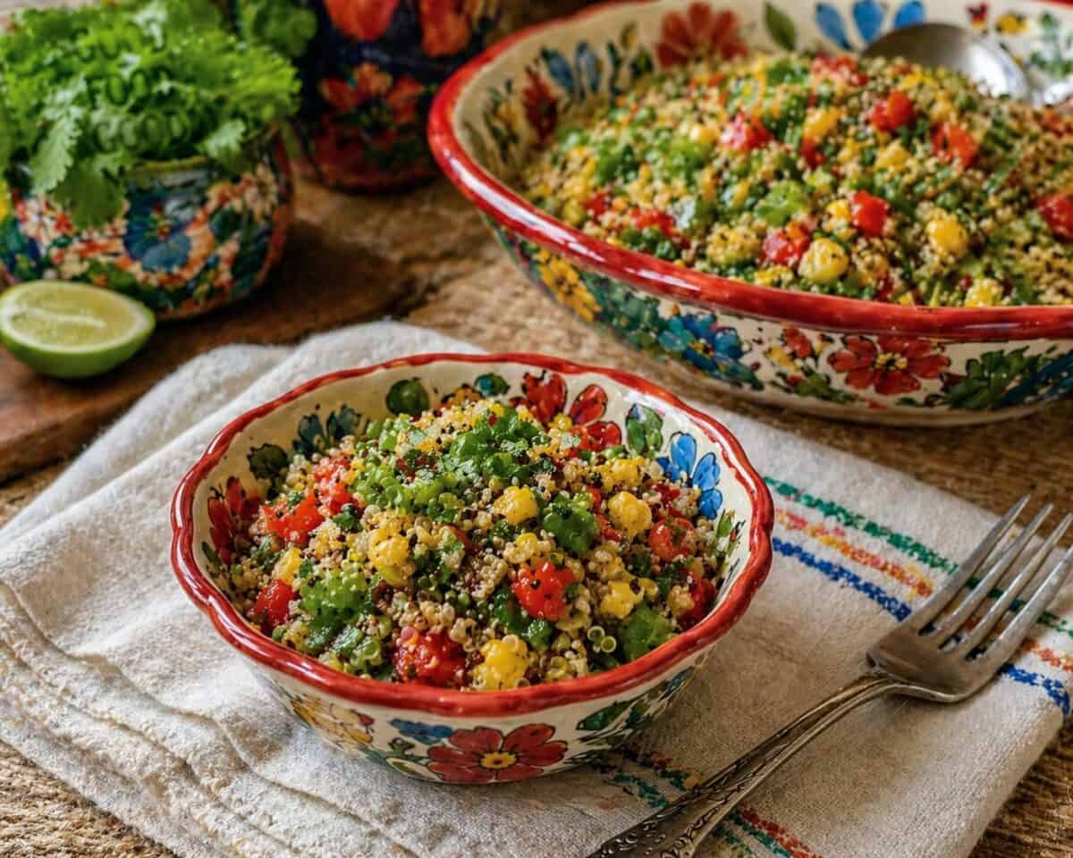 Stoplight Quinoa Salad in a small colorful pottery bowl on linen napkin with a fork and larger bowl of quinoa salad in the background.