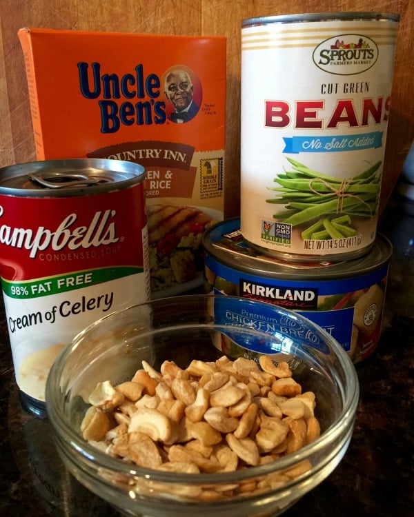 Easy Chicken Wild Rice Ingredients Uncle Bens Rice Blend, Canned Green Beans Canned Celery Soup, Cashews, Canned Chicken