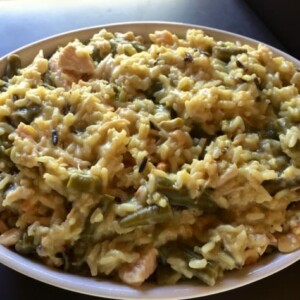 Easy Chicken Wild Rice Casserole in White Ceramic Dish Close UP