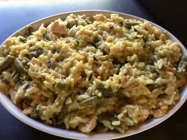 Easy Chicken Wild Rice Casserole in White Ceramic Dish Close UP