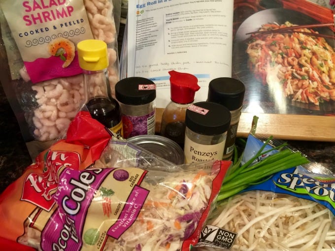 Egg Roll Bowl Ingredients with Cookbook Behind