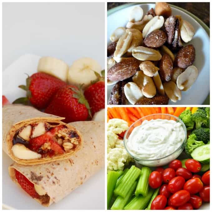collage of peanut butter jelly wrap, nuts, vegetables and dip