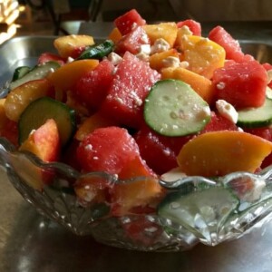 WW Watermelon Peach Salad in Crystal Bowl Front View