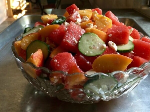 WW Watermelon Peach Salad in Crystal Bowl Front View
