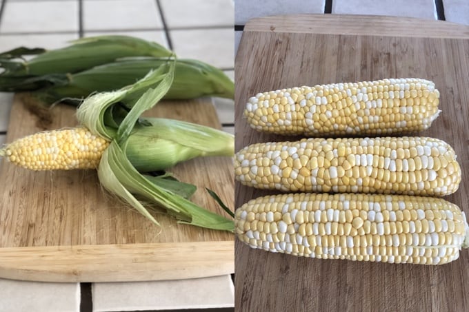 Three ears corn on the cob with husks next two three ears with husks and silks removed.