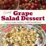 Creamy grape salad topped with chopped walnuts next to bunch of red grapes