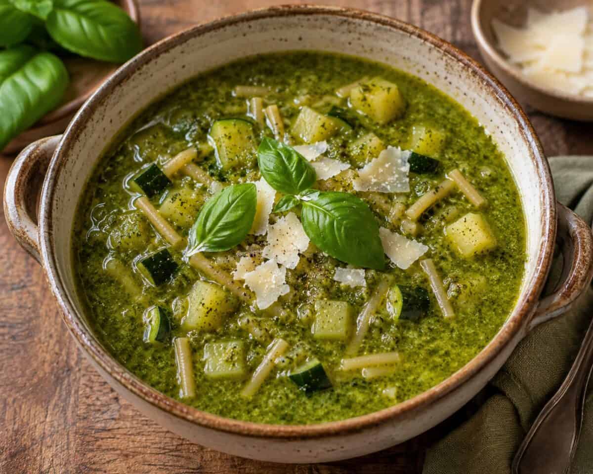 Italian Zucchini Pesto Soup topped with fresh basil and shaved Parmesan in pottery soup bowl.