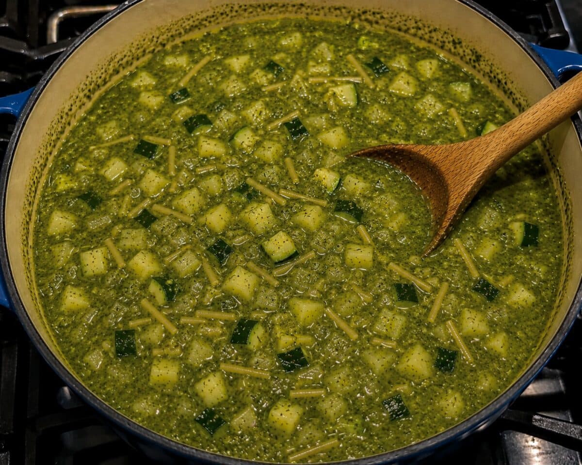 Cooking Italian Zucchini Pesto Soup in dutch oven with wooden spoon.