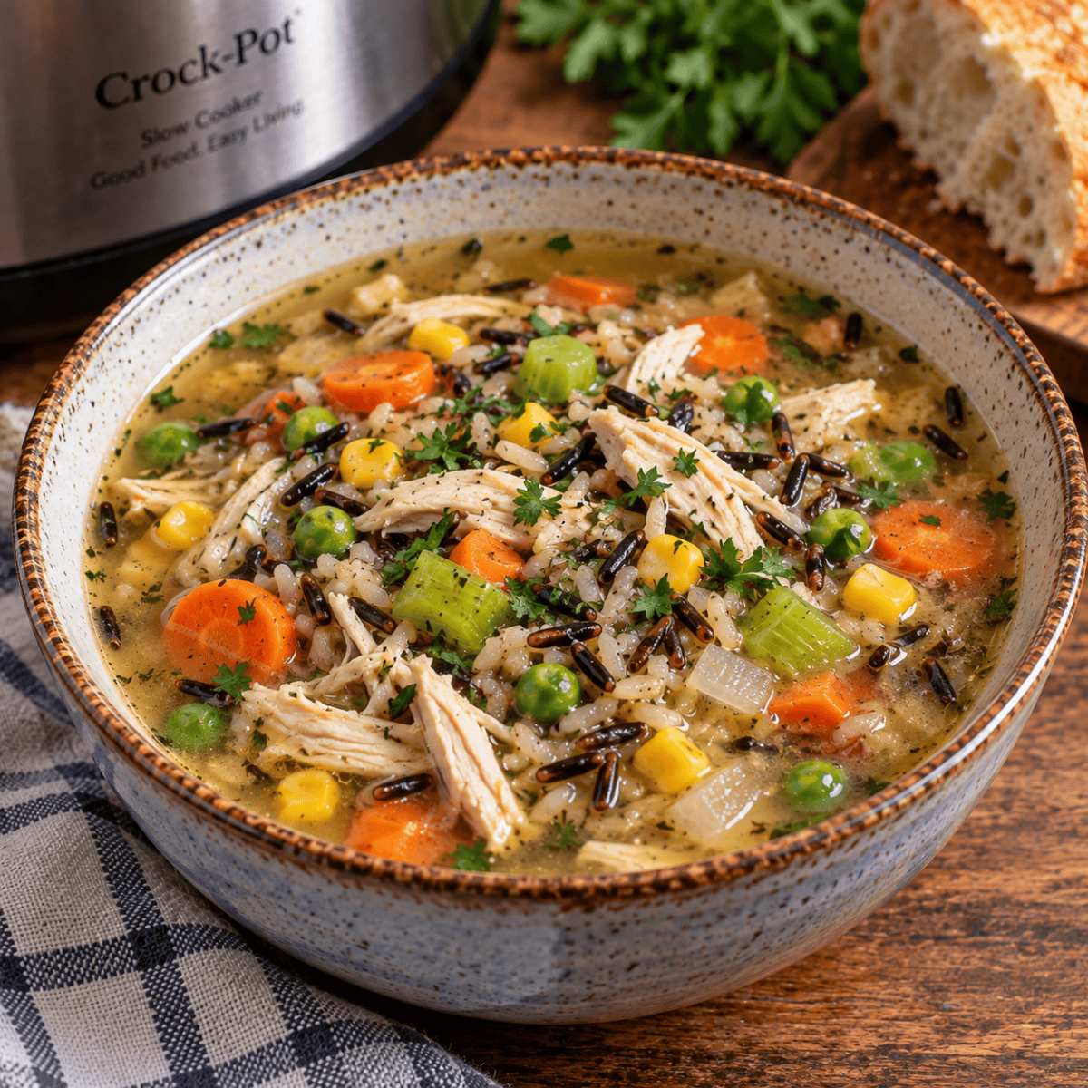 Bowl of Slow Cooker Chicken Wild Rice Soup with Slow Cooker in Background