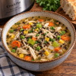 Bowl of Slow Cooker Chicken Wild Rice Soup with Slow Cooker in Background