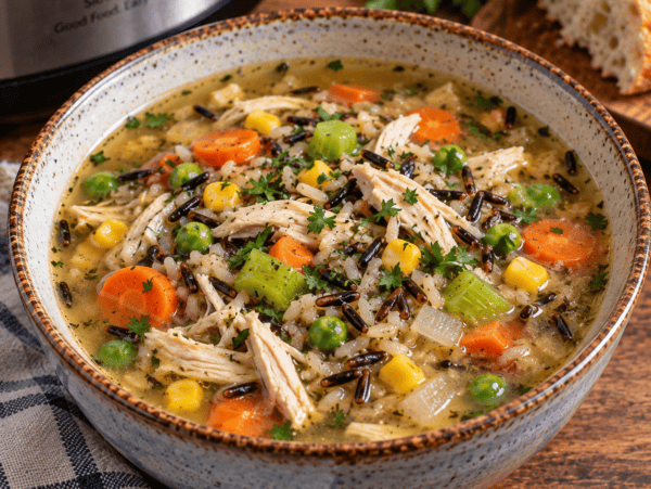 Bowl of Slow Cooker Chicken Wild Rice Soup with Slow Cooker in Background