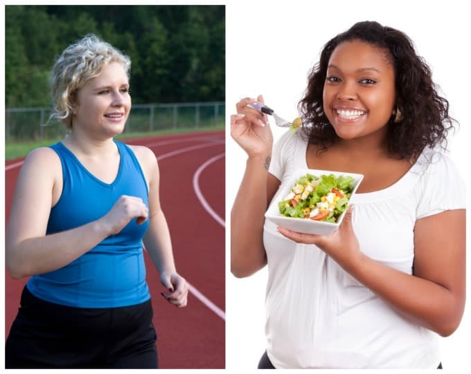 woman running woman eating salad 