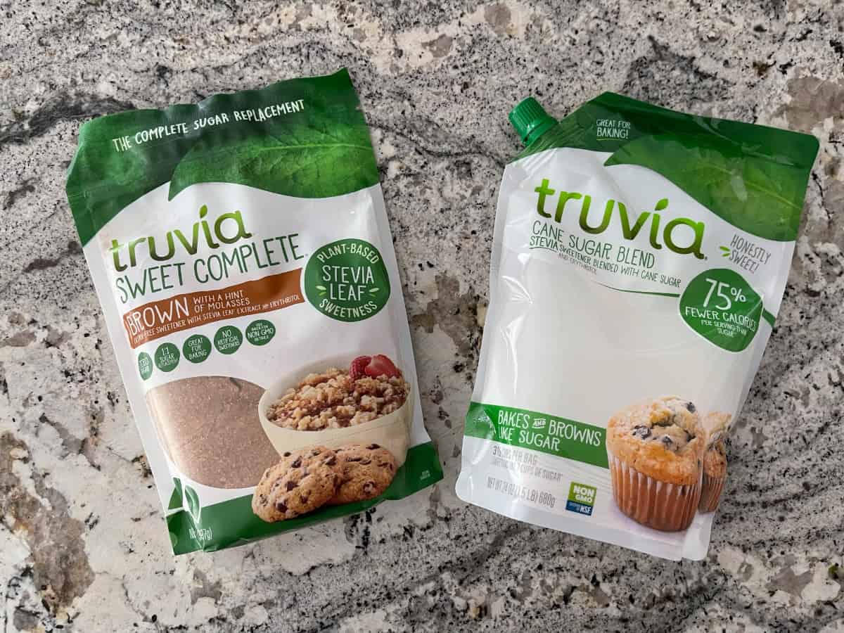 Packages of Truvia Sweet Complete Brown and Truvia Cane Sugar Blend.