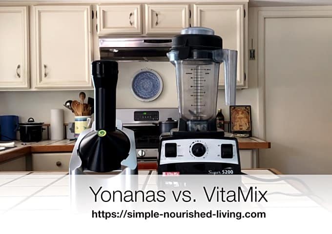 Yonanas frozen dessert maker and VitaMix sitting on kitchen counter
