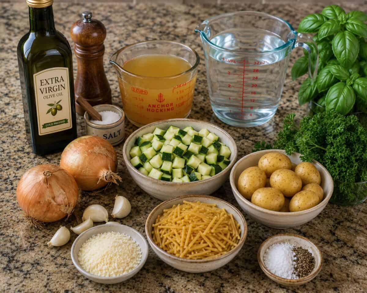 Ingredients including olive oil, salt and pepper, chicken broth, water, onions, garlic, grated Parmesan, chopped zucchini, potatoes and broken spaghetti on granite kitchen counter.
