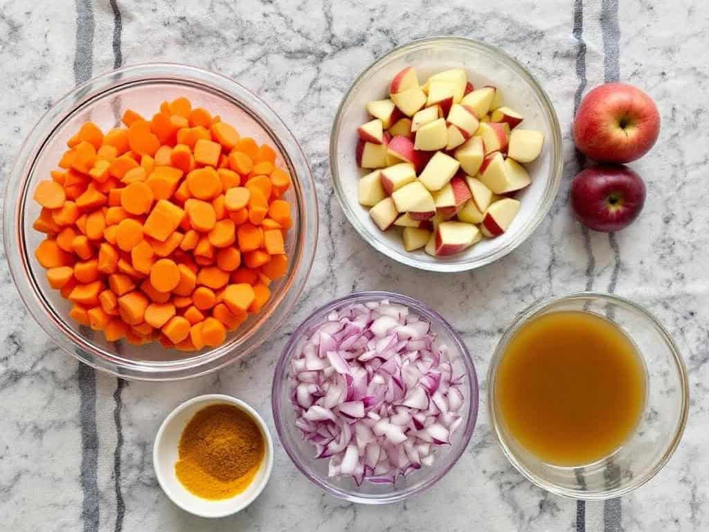 Soup ingredients including bowls of chopped carrots, onions, apples, curry powder and broth.
