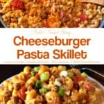 One-pot cheeseburger pasta in skillet next to dinner plate filled with cheeseburger pasta.