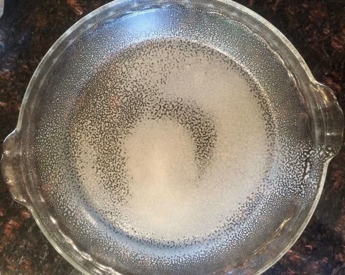 Glass pie dish sprayed with non-stick cooking spray.