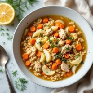 bowl of lemon chicken orzo soup shot from above. Garnished with fresh dill. Lemon half and spoon alongside
