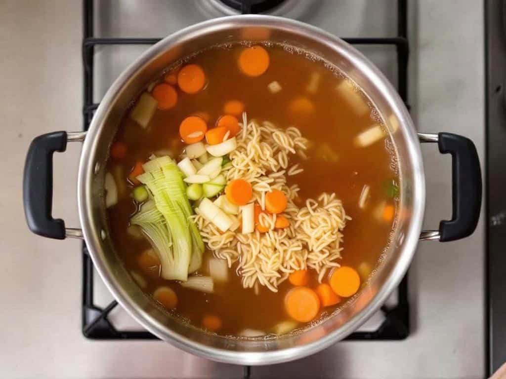 pot of chicken orzo soup on stove shot from above