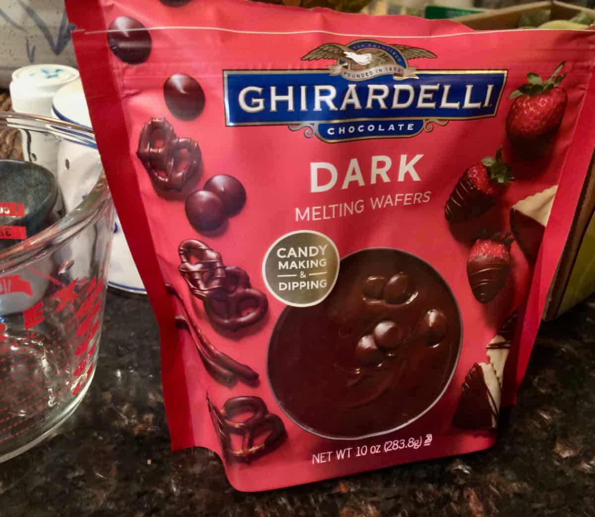 Bag of Ghirardelli dark chocolate melting wafers.