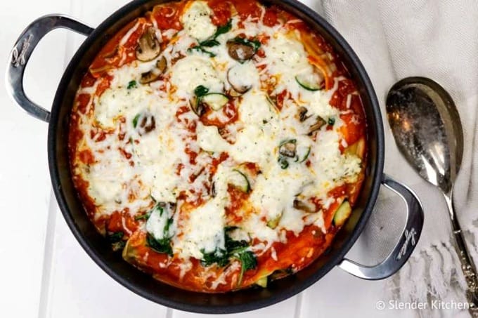 One-Pan Skillet Vegetable Lasagna with serving spoons