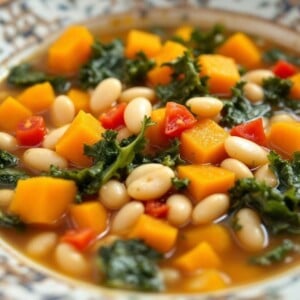 bowl of kale, butternut squash, white bean soup