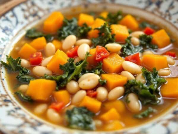 bowl of kale, butternut squash, white bean soup