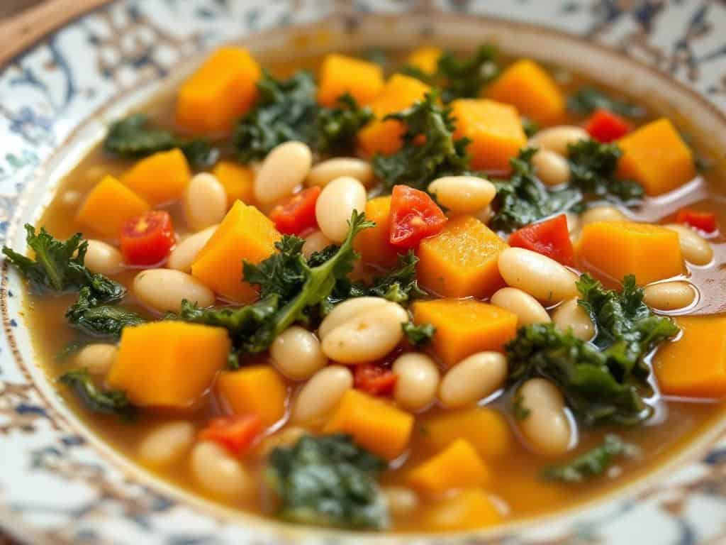 Bowl of kale, butternut squash, white bean soup.