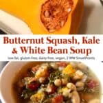 One butternut squash cut in half next to bowl of butternut squash soup with white beans and kale