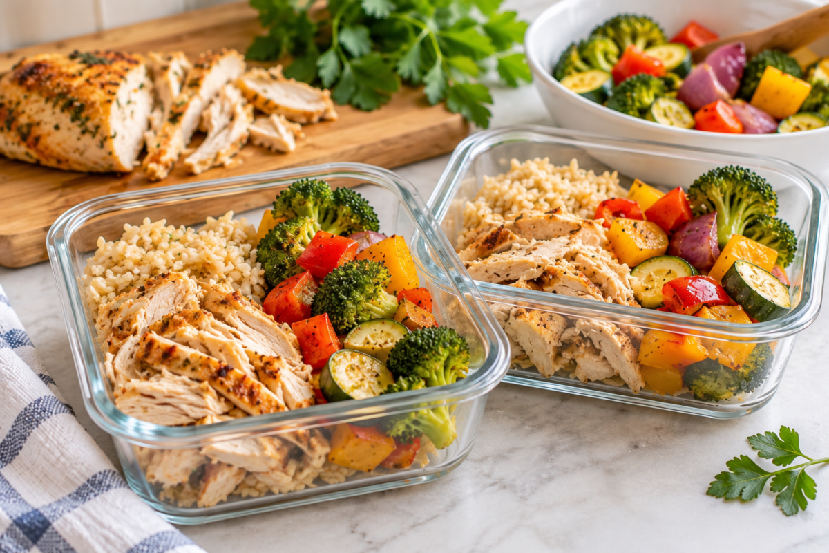 chicken breast, rice and vegetables in meal prep containers