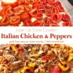 Dish with shredded chicken and bell peppers in tomato sauce next to parchment line pan with fresh sliced Roma tomatoes