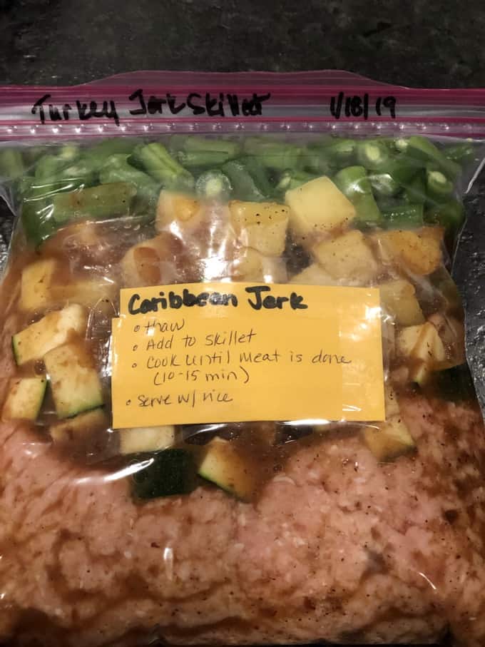 Ziplock freezer bag with ingredients for making Caribbean Jerk Turkey Skillet