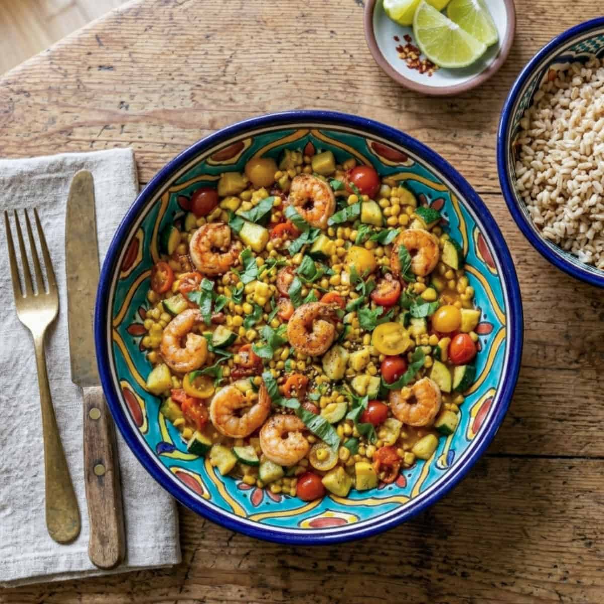 Shrimp Stir Fry in a colorful bowl on a wood table with linen napkin, fork and knife with small bowl of lime wedges and bowl of brown rice alongside.