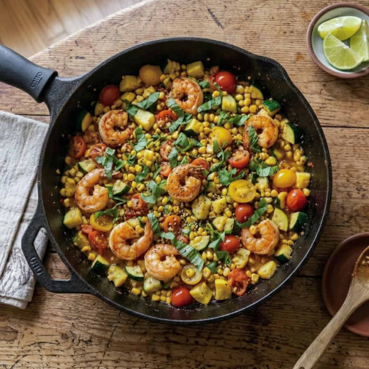 Shrimp stir fry with prawns, zucchini, corn and grape tomatoes in a skillet on a wood table.