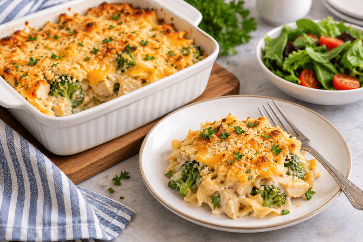 bowl of chicken broccoli casserole with small filled casserole dish in the background and salad alongside