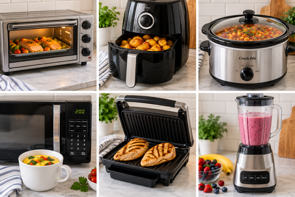 collage of small kitchen appliances: toaster oven, air fryer, electric griddle, slow cooker, blender