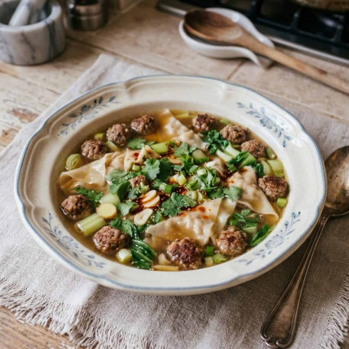 Bowl of broken wonton soup garnished with fresh cilantro in a vintage soup bowl with a spoon.